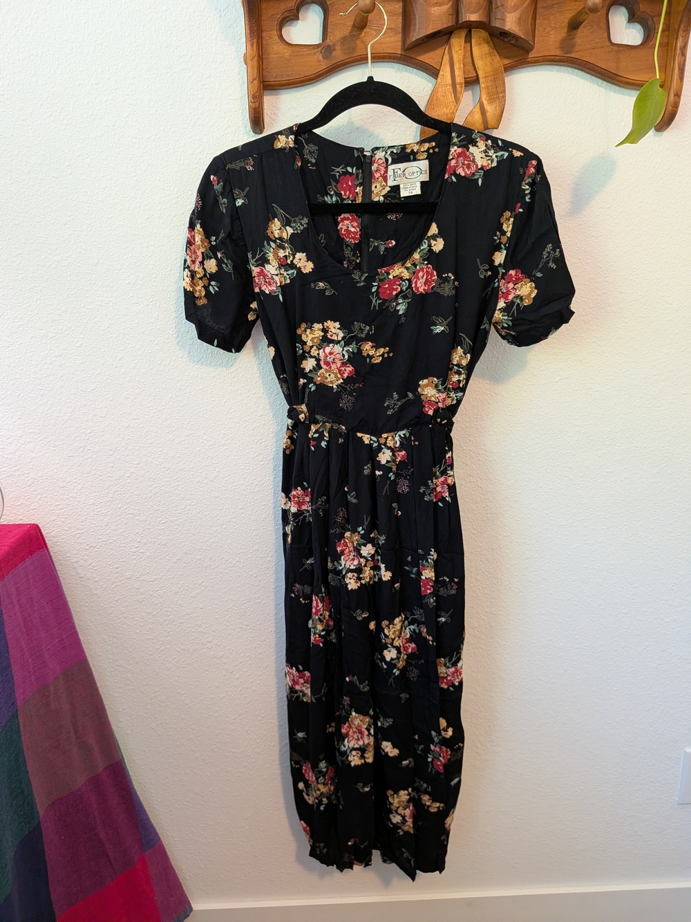 Vintage Black Floral Midi Dress with Puff Sleeves